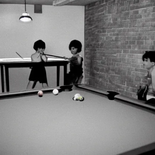 Prompt: two monsters playing pool in a basement, 1980 photo