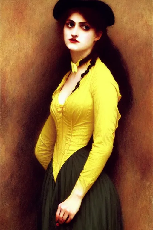 Image similar to victorian vampire in yellow dress, painting by rossetti bouguereau, detailed art, artstation