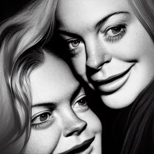 Image similar to intricate beautiful hyperreal portrait of a young lindsay lohan and a young lindsay lohan, smiling softly, casual clothes, relaxing on the couch, home interior, golden hour, close up shot, 8 k, art by irakli nadar, hyperrealism, hyperdetailed, ultra realistic