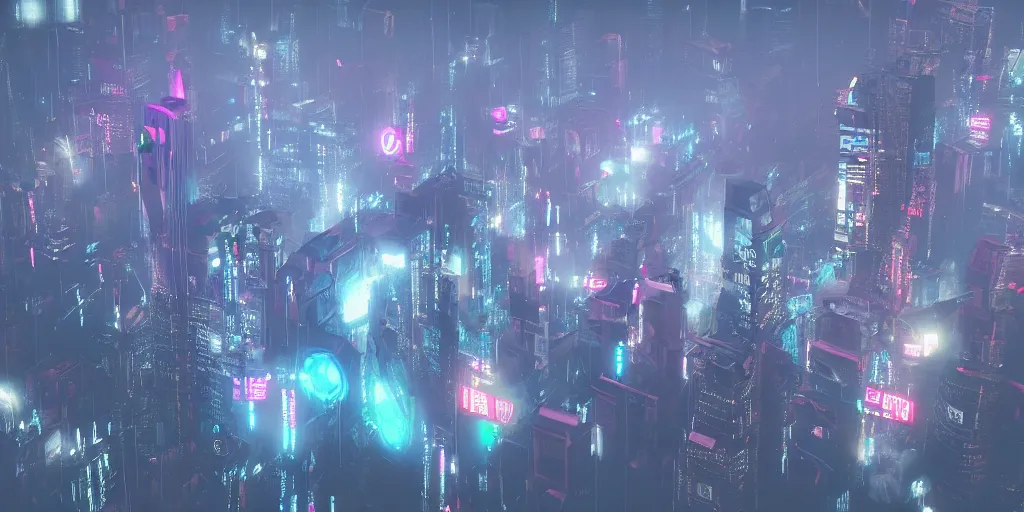 Image similar to i, a cyberpunk city seen from above, mist, rain, neon light, giant aircrafts, trending on artstation