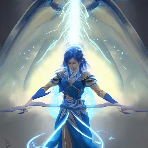 Image similar to japanese lightning goddess, wearing elemental energy d & d, blue color palette, highly detailed, digital painting, artstation, concept art, sharp focus, illustration, cinematic lighting, art by artgerm and greg rutkowski and alphonse mucha