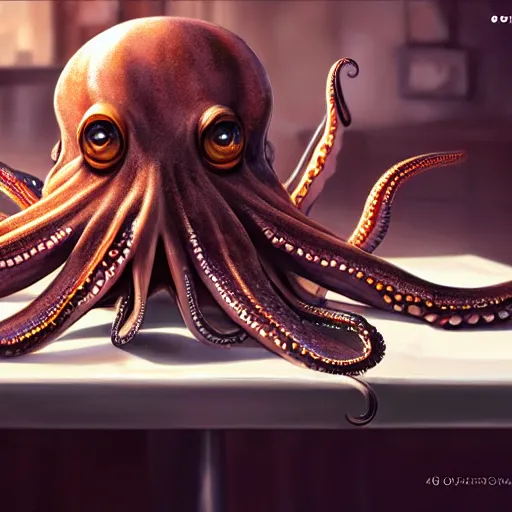 Image similar to the octopus at a table in a diner, amazing, beautiful, perfect eyes, full body shot, portrait, vivid colors, elegant, concept art, sharp focus, digital art, Hyper-realistic, 4K, Unreal Engine, Highly Detailed, HD, Dramatic Lighting by Brom, trending on Artstation