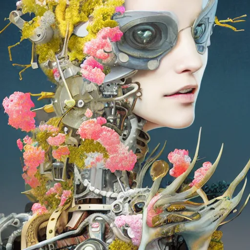 Prompt: surreal gouache painting, by yoshitaka amano, by ruan jia, by conrad roset, by good smile company, detailed anime 3 d render of a female mechanical android head with flowers growing out, portrait, cgsociety, artstation, rococo mechanical costume and grand headpiece, dieselpunk atmosphere
