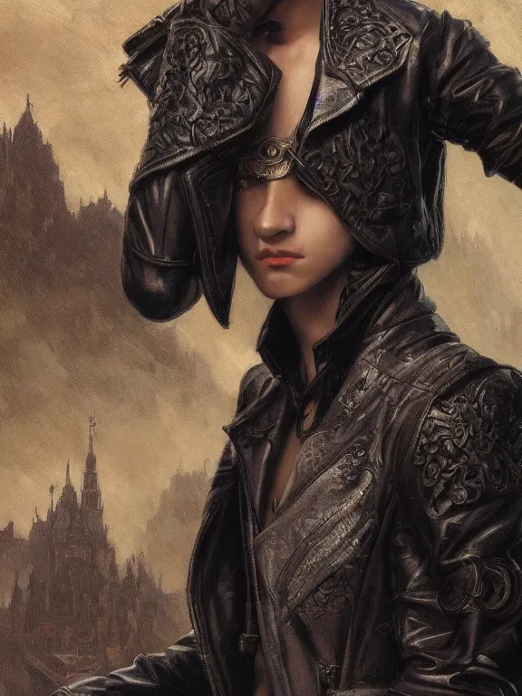 Prompt: a beautiful and detailed matte painting of a young male teenage boy wearing a leather jacket, fantasy, d & d, dark eyeliner, intricate, elegant, highly detailed, digital painting, artstation, concept art, matte, sharp focus, illustration, art by greg rutkowski and alphonse mucha