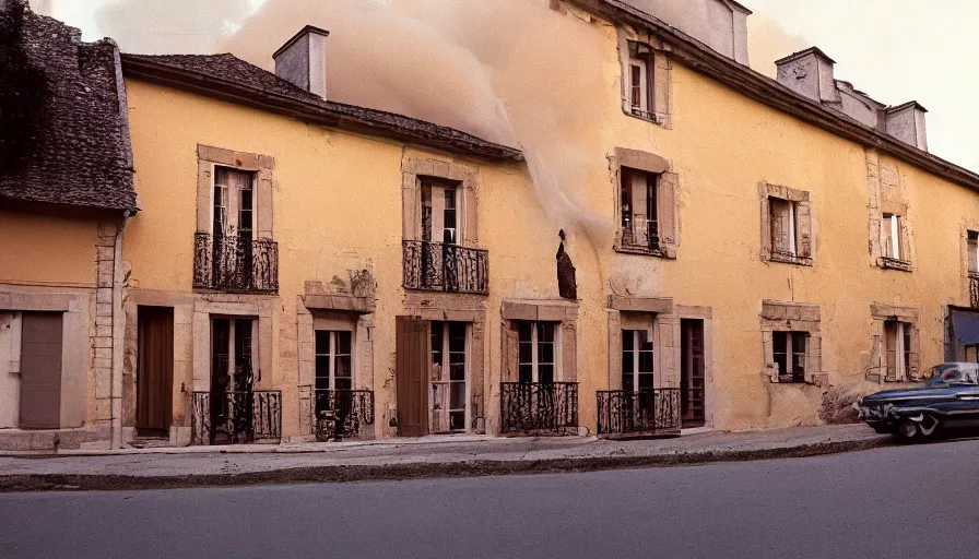 Image similar to 1 9 6 0 s movie still of a burning french style townhouse in a small french village, cinestill 8 0 0 t 3 5 mm technicolor, high quality, heavy grain, high detail, texture, dramatic light, ultra wide lens, panoramic anamorphic, hyperrealistic