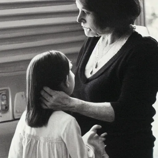 Image similar to 50 year old woman looking at her daughter, vintage photograph 35mm film, 1990s