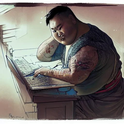 Prompt: a insanely detailed painting of a slightly overweight asian man wearing a homemade superhero costumed, sitting at a computer desk nervously typing on the keyboard, in the style of peter mohrbacher, dramatic lighting and composition, trending on artstation, concept art, comic book, graphic novel