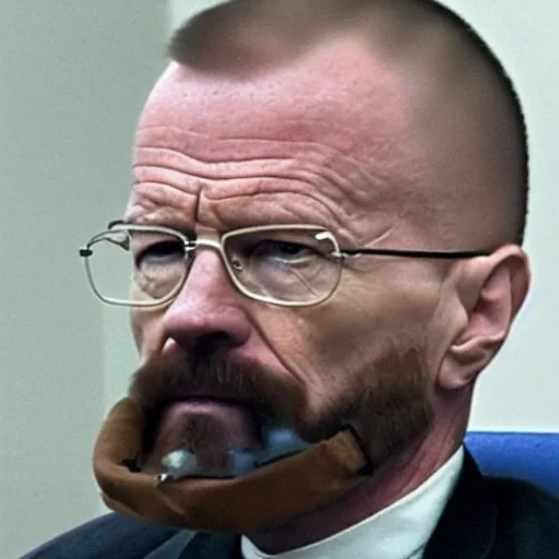 Prompt: walter white with a rough beard, wearing an oxygen mask, sitting in a wheelchair in a courtroom on trial.