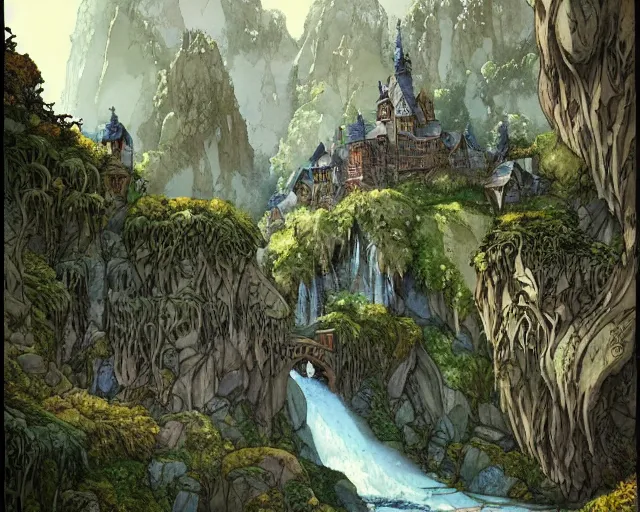 Prompt: Ink and watercolor masterpiece depicting Idyllic fantasy landscape, waterfalls, castle, willows, mystical, magical, Edmund Dulac and Andreas Rocha, Hyperdetailed, stylized, Artstation