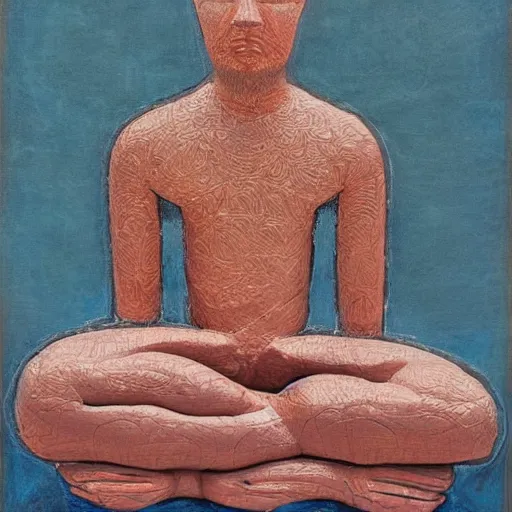 Image similar to incredible rose gold by john duncan. a conceptual art of a man with a large head, sitting in a meditative pose. his eyes are closed & he has a serene look on his face. his body is made up of colorful geometric shapes & patterns that twist & turn in different directions.