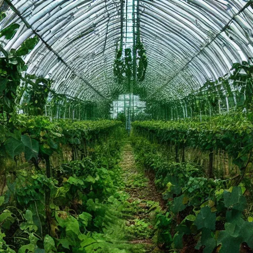 Prompt: cell-shaded advanced sci-fi nuclear modular reactor inside a giant greenhouse overgrown with vines and plants