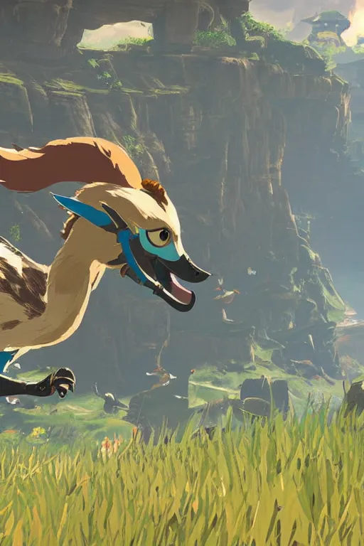 Image similar to in game footage of a goose from the legend of zelda breath of the wild, breath of the wild art style.