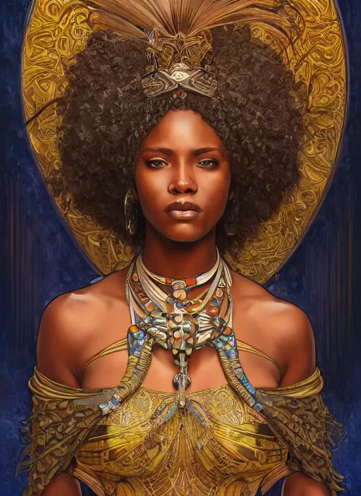 Image similar to Gina Tores as a beautiful african warrior woman, intricate, elegant, highly detailed, centered, digital painting, artstation, concept art, smooth, sharp focus, illustration, art by artgerm and donato giancola and alphonse mucha