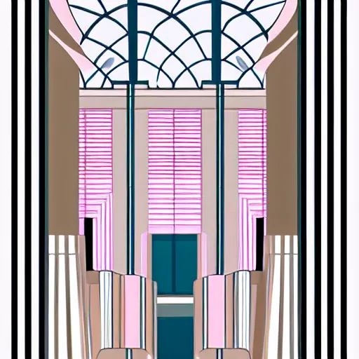 Image similar to art deco illustration of a mall atrium in pastel colors