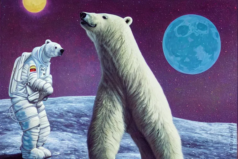 Prompt: a polar bear on the moon by kenny scharf, portrait,