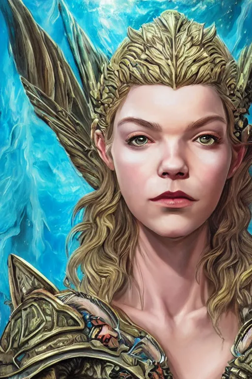 Image similar to A fantasy comic book style portrait painting of Cory Chase, hybrid, Anya Taylor-Joy, as an Atlantean Reptilian Warrior, François Boucher, Oil Painting, Mystical, Modest, Valkyrie, wearing intricately designed, jewel inlaid Armor, unreal 5, DAZ, hyperrealistic, octane render, Regal, Refined, Detailed Digital Art, RPG portrait, William-Adolphe Bouguereau, Michael Cheval, Walt Disney (1937), Steampunk, dynamic lighting, Highly Detailed, Cinematic Lighting, Unreal Engine, 8k, HD