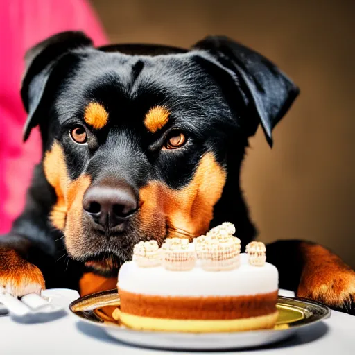 Image similar to a high - quality photo of a cute rottweiler with a half - eaten birthday cake, 4 5 mm, f 3. 5, sharpened, iso 2 0 0, raw