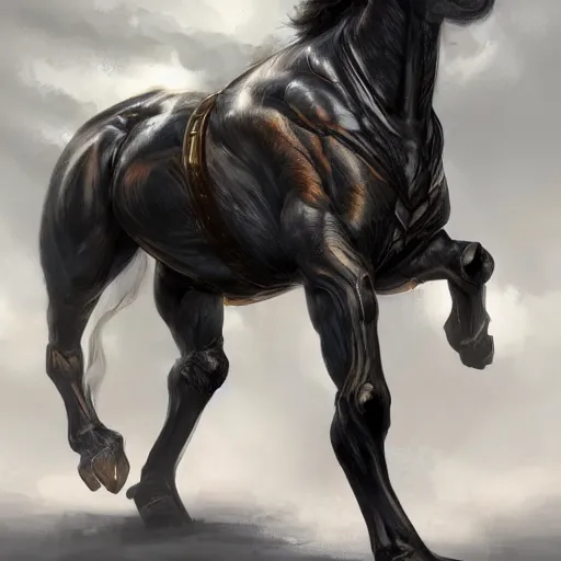 Image similar to an enormously muscular black - coated anthro horse at a research facility wearing skintight body armor, highly detailed, digital painting, artstation, concept art, illustration, art by artgerm, greg rutkowski, wlop