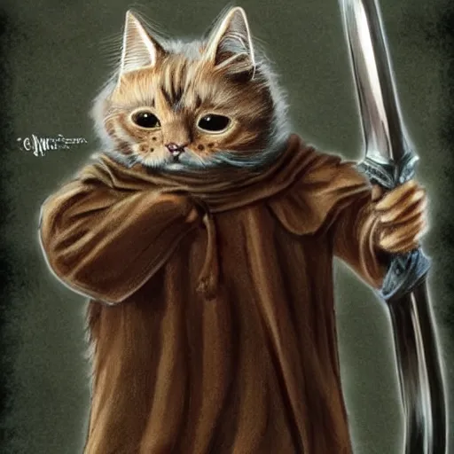 Image similar to if cats were loud if the rings characters, lotr, cats, cats dressed in lotr costumes, hobbits, gandalf, elves, dwarves, 4 k, hyper realistic, artstation