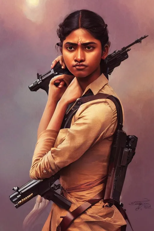 Image similar to sri lankan girl with a gun, angery emotion, intricate, elegant, highly detailed, digital painting, artstation, concept art, smooth, sharp focus, illustration, art by artgerm and greg rutkowski and alphonse mucha