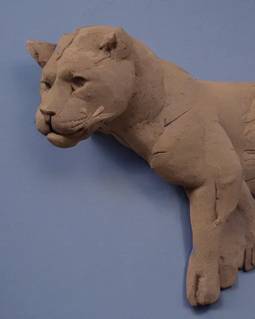 Image similar to a history textbook page with of a picture of 'clay sculpture of a giant cougar', clay sculpture, photograph, zoomed out, trending on tumblr, textbook page