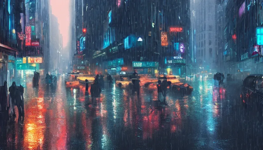 Image similar to city street in 8 0 s decade of xx century in early evening by neon lights during rain, shadows, reflections, epic composition, intricate, elegant, volumetric lighting, digital painting, highly detailed, artstation, sharp focus, illustration, concept art, ruan jia, steve mccurry