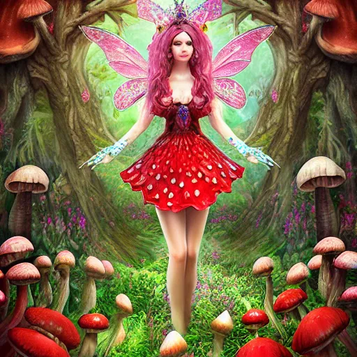 Prompt: a very cute faerie queen in a amanatia muscaria mushroom field, photorealistic digital art, hyper detailed