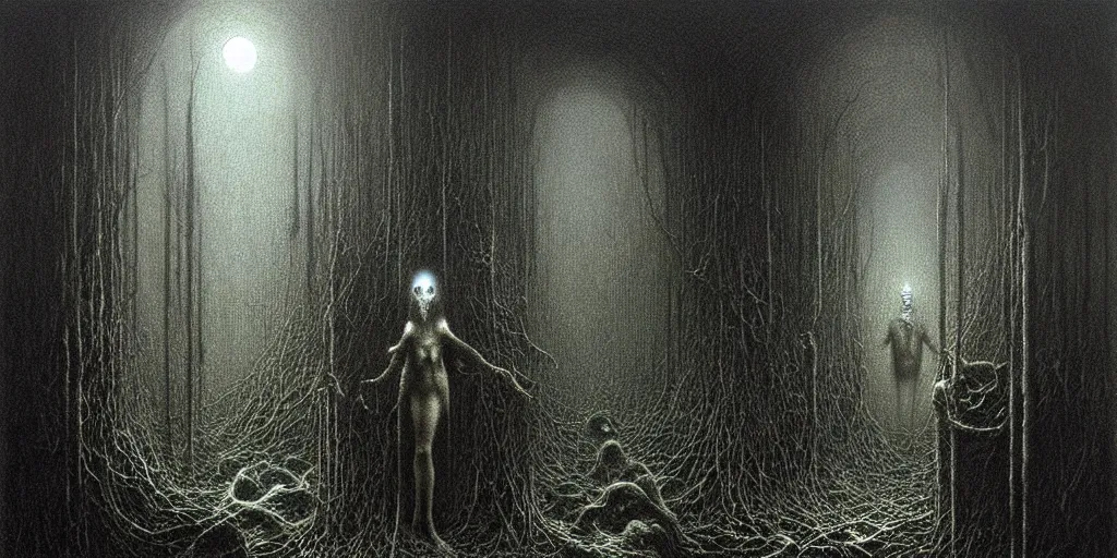 Image similar to dark scary underground by Beksinski, Luis Royo