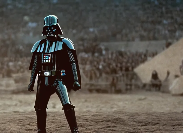 Image similar to film still of Darth Vader as Maximus in the arena with his arms up in Gladiator 2000, 4k