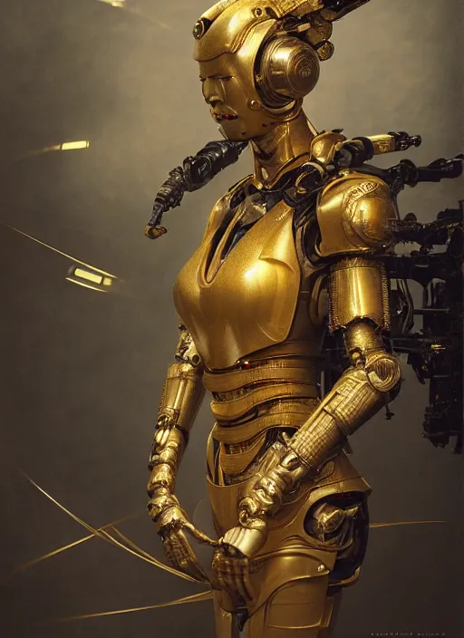 Image similar to portrait of a futuristic geisha cyborg with golden body armor, modern fine art, fractal, intricate, elegant, highly detailed, digital photography, subsurface scattering, by jheronimus bosch and greg rutkowski,