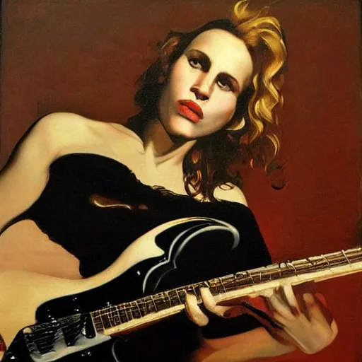 Prompt: Anna Calvi playing electric guitar by Caravaggio and Phil Hale