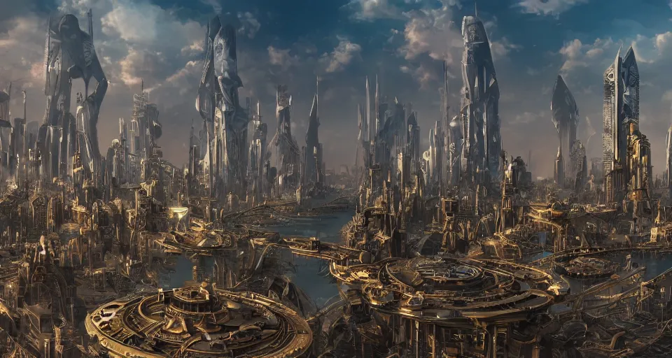 Image similar to view on futuristic city in the horizon, in style of steampunk, detailed, intricate, sharp, 4 k