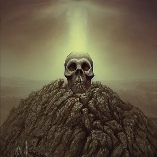 Prompt: post apocalyptic skull on top of the mountain of bones by zdzisław beksinski, digital art, award winning, trending on artstation, digital art. highly detailed 8 k. intricate. lifelike. soft light,