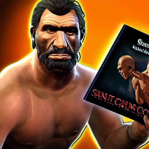 Image similar to saint homo neanderthalis with science bible on hand, gta chinatown wars art style, hyperrealistic, rgba colors, remove duplicate content, justify contents center.