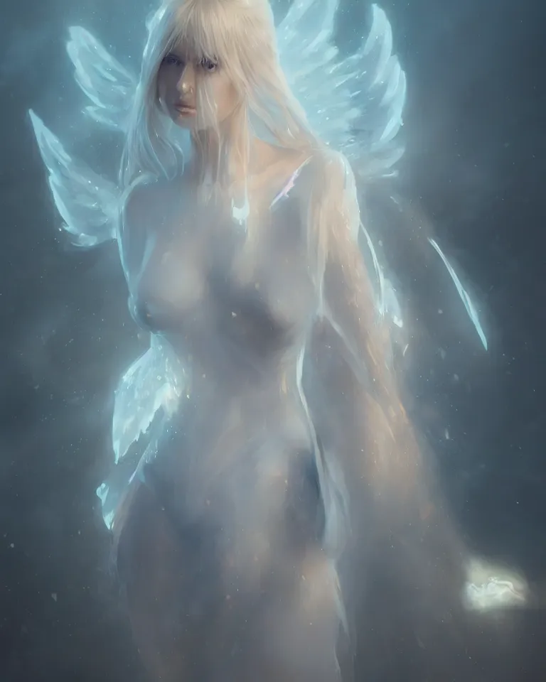 Image similar to portrait of a blonde fantasy goddess, white elegant clothing, glowing aura, angel wings, artstation, 4 k, greg rutkowski, concept art, matte painting