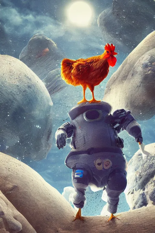 Image similar to a lonely chicken wearing a space suit without helmet in a alien planet, profile picture, digital art, concept art, trending on DeviantArt, highly detailed, high quality, 4K, cartoon, high coherence, path traced, blue sky in the background, octane render, digital painting, no helmet, masterpiece, anatomically correct, hyperrealistic