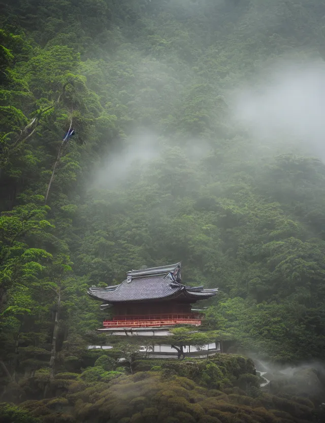 Prompt: a cinematic photo of an ancient japanese hot springs temple on the top of a mountain in a misty bamboo cloud forest