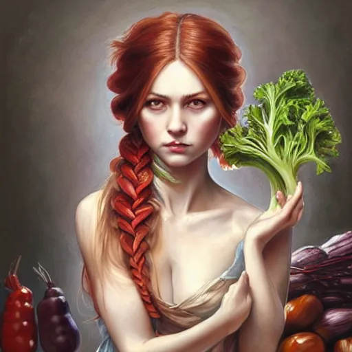 Prompt: a beautiful painting of a gorgeous young mother standing in front of weathered cutting board with auburn side braid draped over her shoulder and pretty hazel eyes,, representative of the art style of artgerm and wlop and peter mohrbacher, holding knife and chopping vegetables