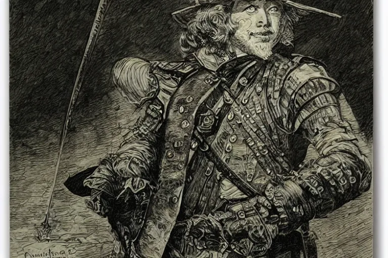 Image similar to 1 7 th century musketeer by ed fairburn, joseph clement coll, franklin booth, green