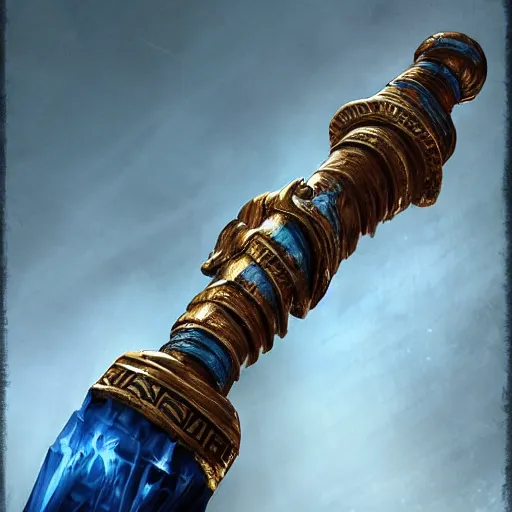 Image similar to fantasy greg rutkowski digital painting of an ornate and royal egyptian old twisted ornate runed wooden staff weapon with a blue crystal on top tip hovering, unreal engine, hyper realism, realistic shading, cinematic composition, blender render, octane render, hdr, detailed textures, photorealistic, 3 5 mm film