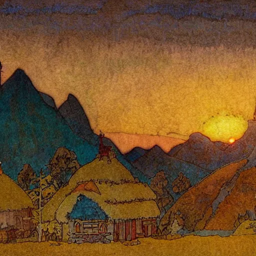 Image similar to a tilt-shift photograph of an Edmund Dulac and Ivan Bilibin inspired village scene and of a sunset and mountains. natural sunlight, golden hour. detailed, full color scheme