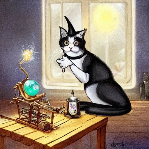 Image similar to a full body beautifull witch with white hair in an old room. A cristal ball on a wood table with a potions and old instruments. A cat on the floor licking his paw. in a fantasy style paiting