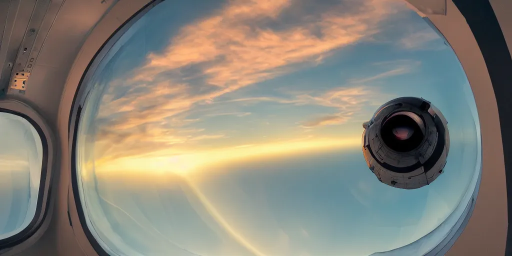 Image similar to wide angle photo looking out the window of a space capsule, liminal, cinematic, dreamscape, cinematics lighting, sunset colors, flying in the air, city in background