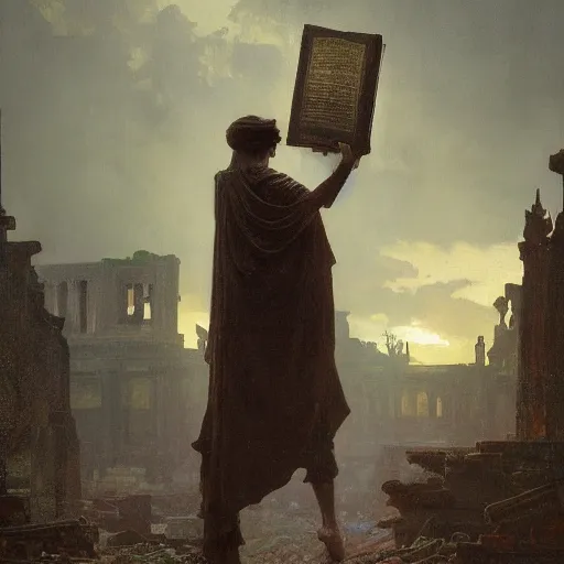 Prompt: half portait of magican wearing a closed cowl with big old book!, jeremy mann, jean leon gerome, alphonse mucha, greg rutkowski, ( ( ruins of ancient rome ) ), at dusk, mysterious atmosphere, sunrays, dof, masterpiece, high detailed, 8 k