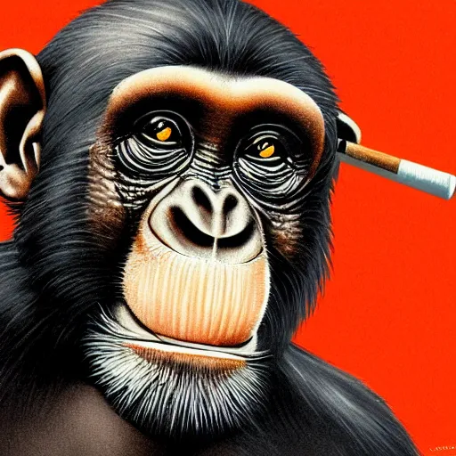 Image similar to a high detail portrait of a chimp wearing a suit 👔,and smoking🚬