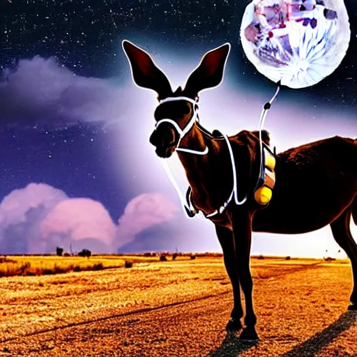 Prompt: a mule with headphones on, under awesome moon lit clouds, stunning photograph, from the point of view of an ant