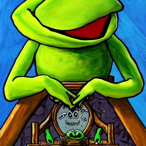 Prompt: Painting of Kermit the frog sitting on a throne made out of skulls. He owns this land and he knows it. All of you mortals should fear Kermit, the eater of souls.