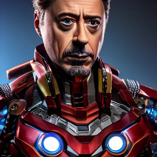 Prompt: animatronic Robert Downey Jr, exposed mechanics, photo, Stan Winston studios, detailed, 4k