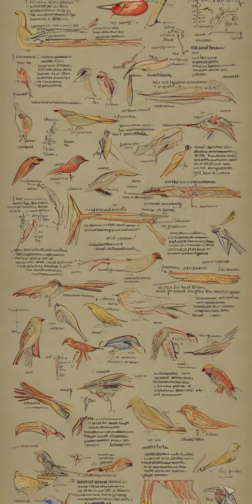 Image similar to anatomy of a bird, diagrams, map, marginalia, sketchbook, old script, inhabited initials, pastel infographic by Wes Anderson