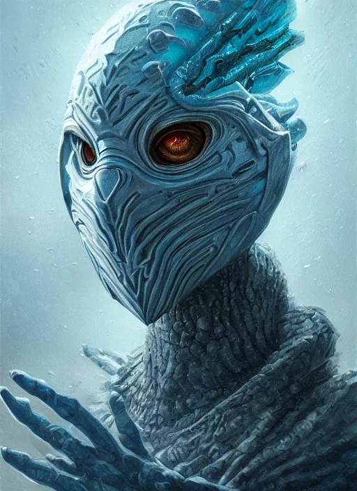 Prompt: winter blizzard mf doom reptile eyes, blue frozen glacier skin. intricate, elegant, highly detailed, centered, digital painting, artstation, concept art, smooth, sharp focus, illustration, artgerm, tomasz alen kopera, peter mohrbacher, donato giancola, joseph christian leyendecker, wlop, frank frazetta